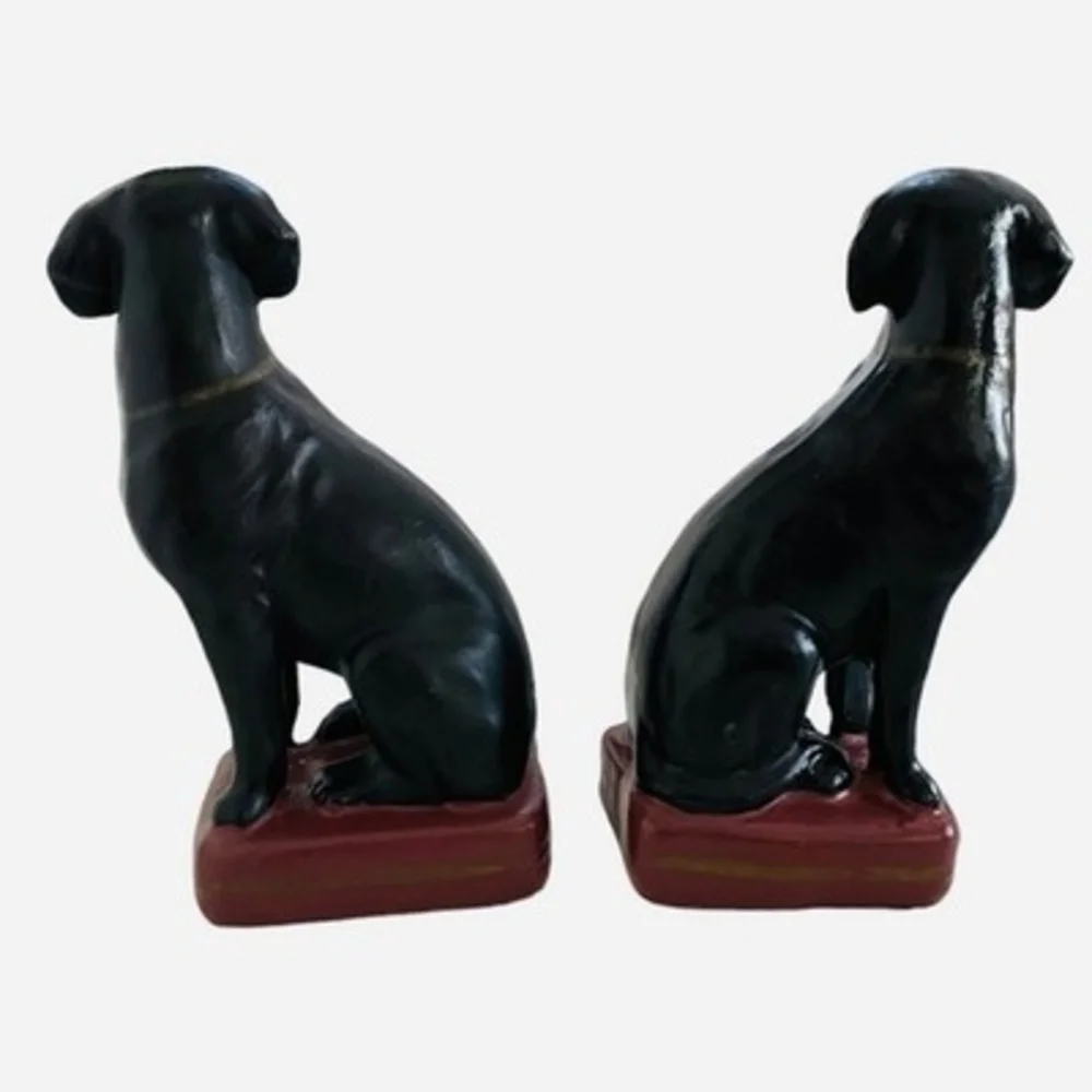 Vintage Black Labrador Retriever Ceramic Bookends 8" Pair Gold Purple Dog Figure - Picture 5 of 5